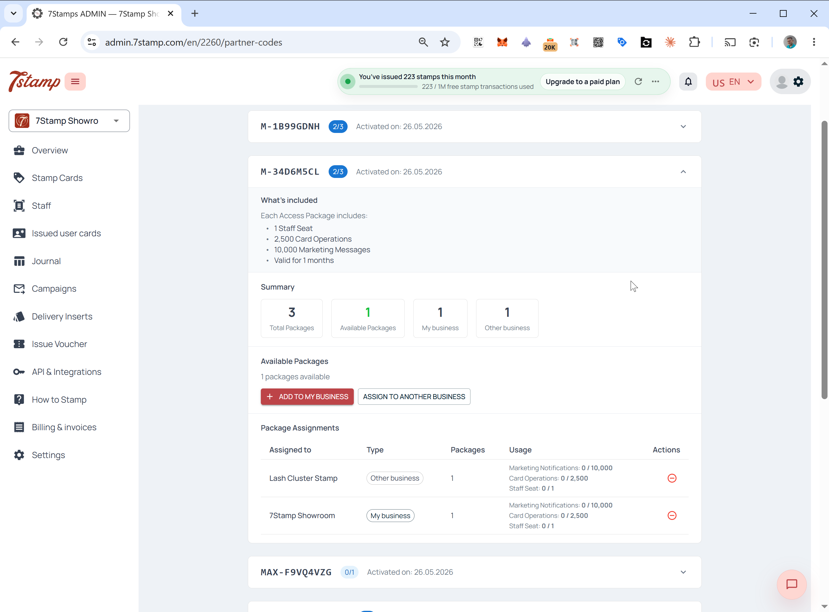 Manage Access Codes panel showing package summary and package assignments to my business and another business